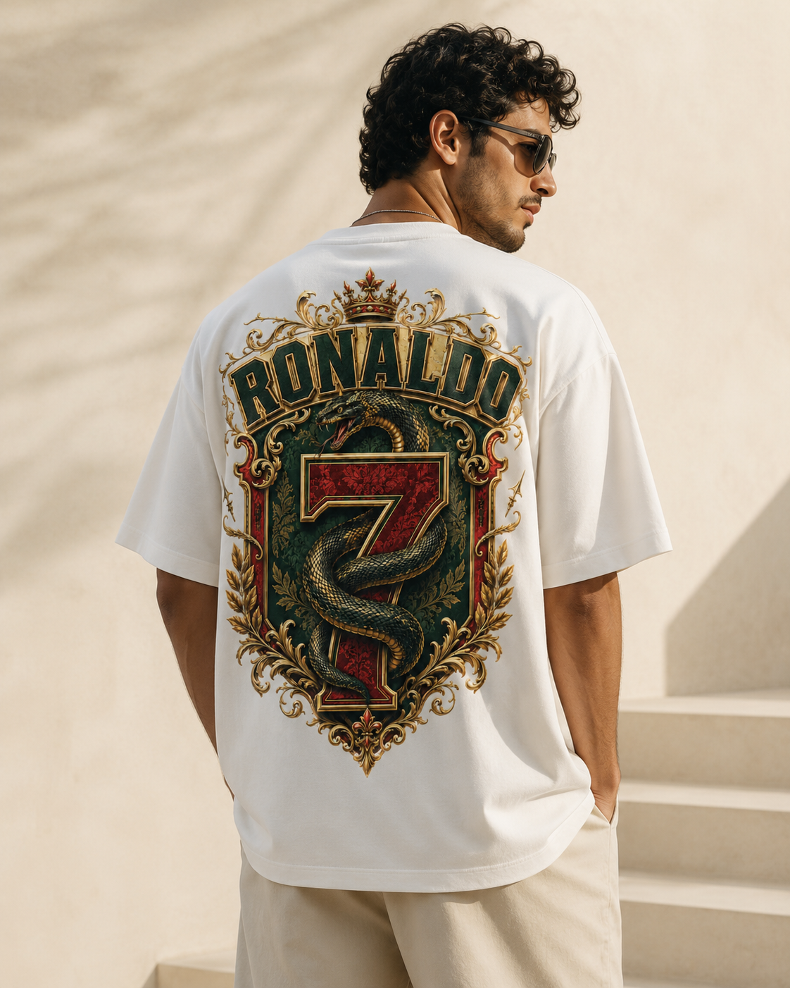 Model wearing the MIRAZUR Royal Serpent 7 Portugal-inspired oversized football T-shirt with serpent and baroque number 7 back print