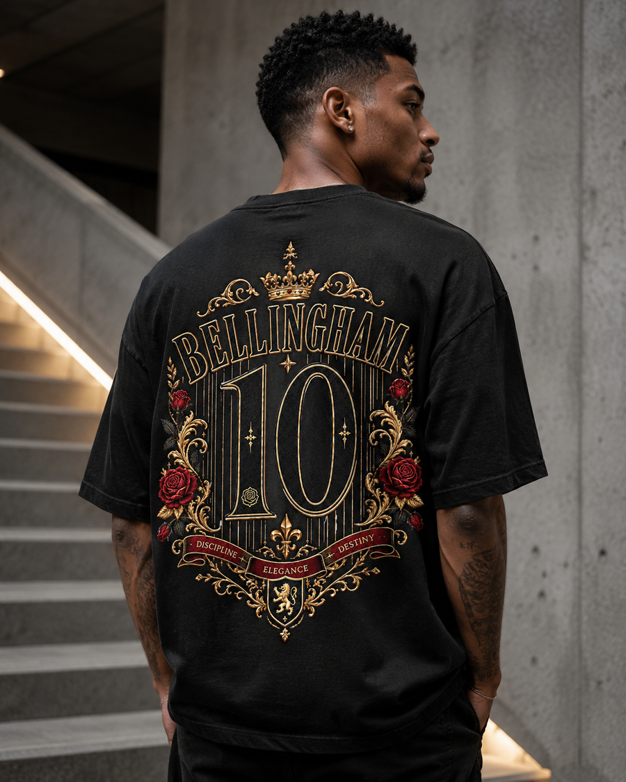 Model wearing the MIRAZUR Maestro 10 England-inspired oversized football T-shirt with black and gold number 10 back print