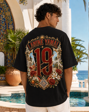 Rising 19 black oversized Spain-inspired football T-shirt with red and gold back artwork