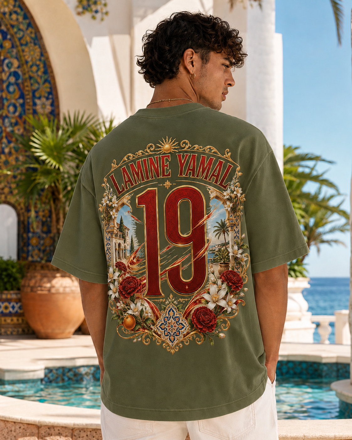 Rising 19 olive oversized Spain-inspired football T-shirt with Mediterranean red and gold back print