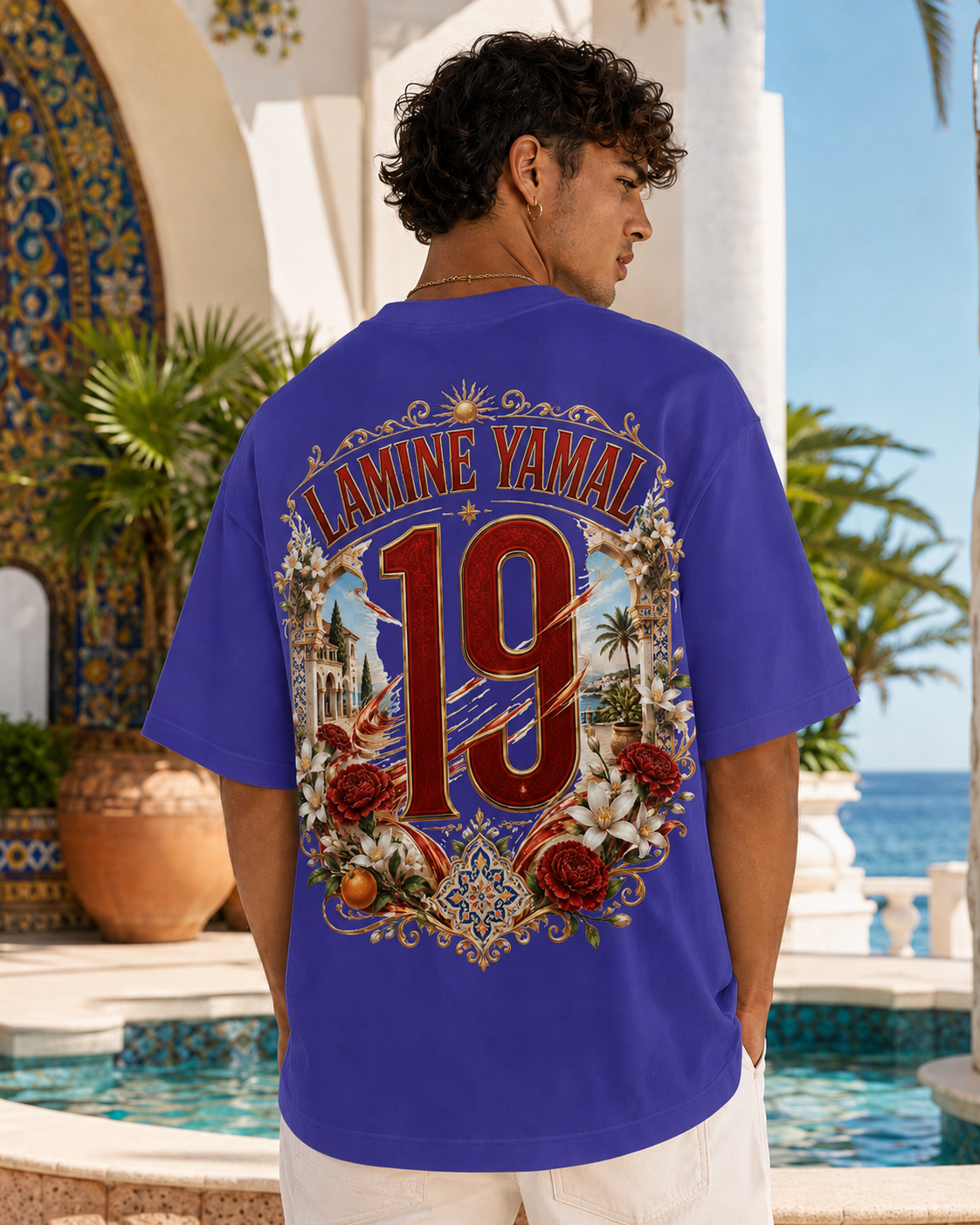 Rising 19 Viola Blue oversized Spain-inspired football T-shirt with statement number 19 back print