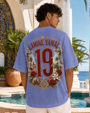Rising 19 Viola Blue oversized Spain football T-shirt with detailed red and gold number 19 back design