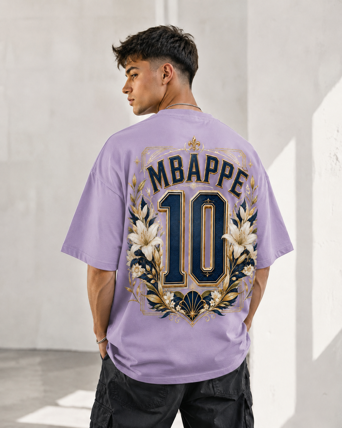 Blue Dynasty 10 lilac oversized French football supporter T-shirt with ornate blue and gold back artwork