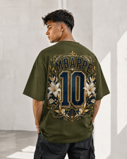 Blue Dynasty 10 olive oversized France-inspired football T-shirt with premium blue and gold back print