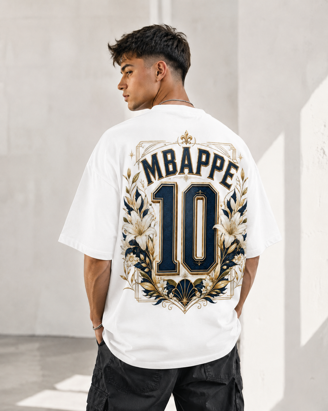 Blue Dynasty 10 white oversized France supporter football T-shirt with blue and gold number 10 back design
