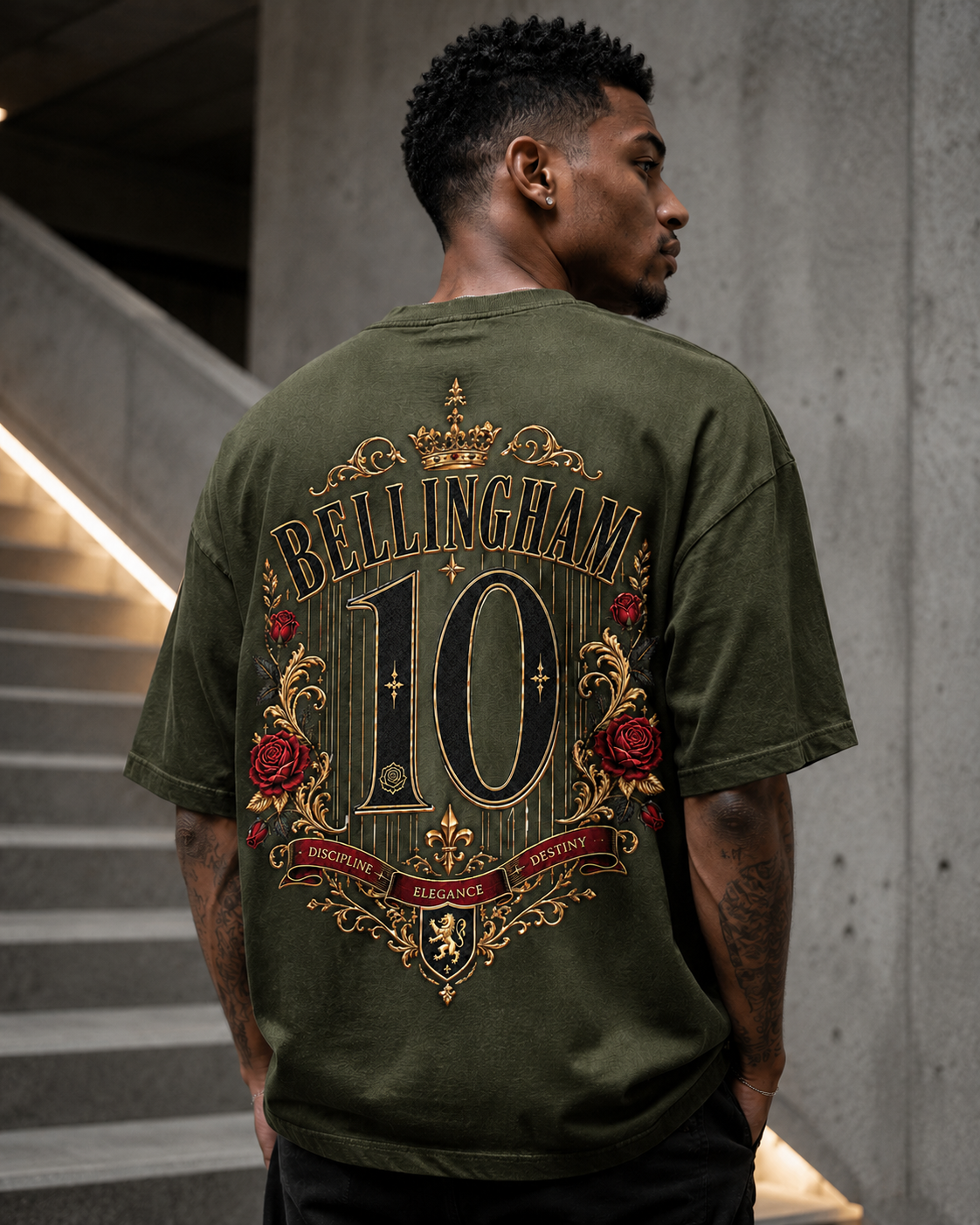 Maestro 10 olive oversized England-inspired football T-shirt with premium black and gold back print