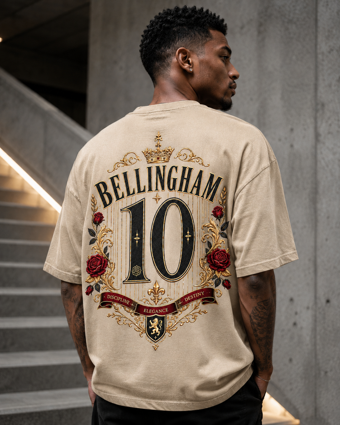 Maestro 10 sand oversized England-inspired football T-shirt with premium floral number 10 back print