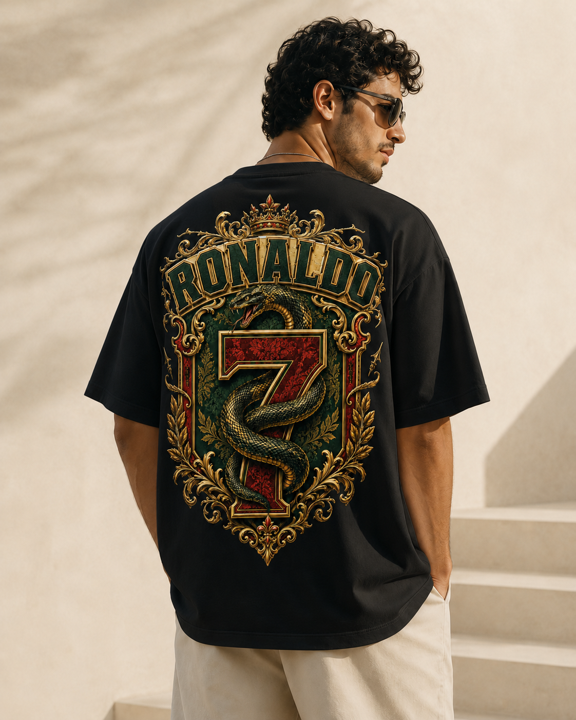 Royal Serpent 7 black oversized Portugal supporter football T-shirt with premium serpent and number 7 back design