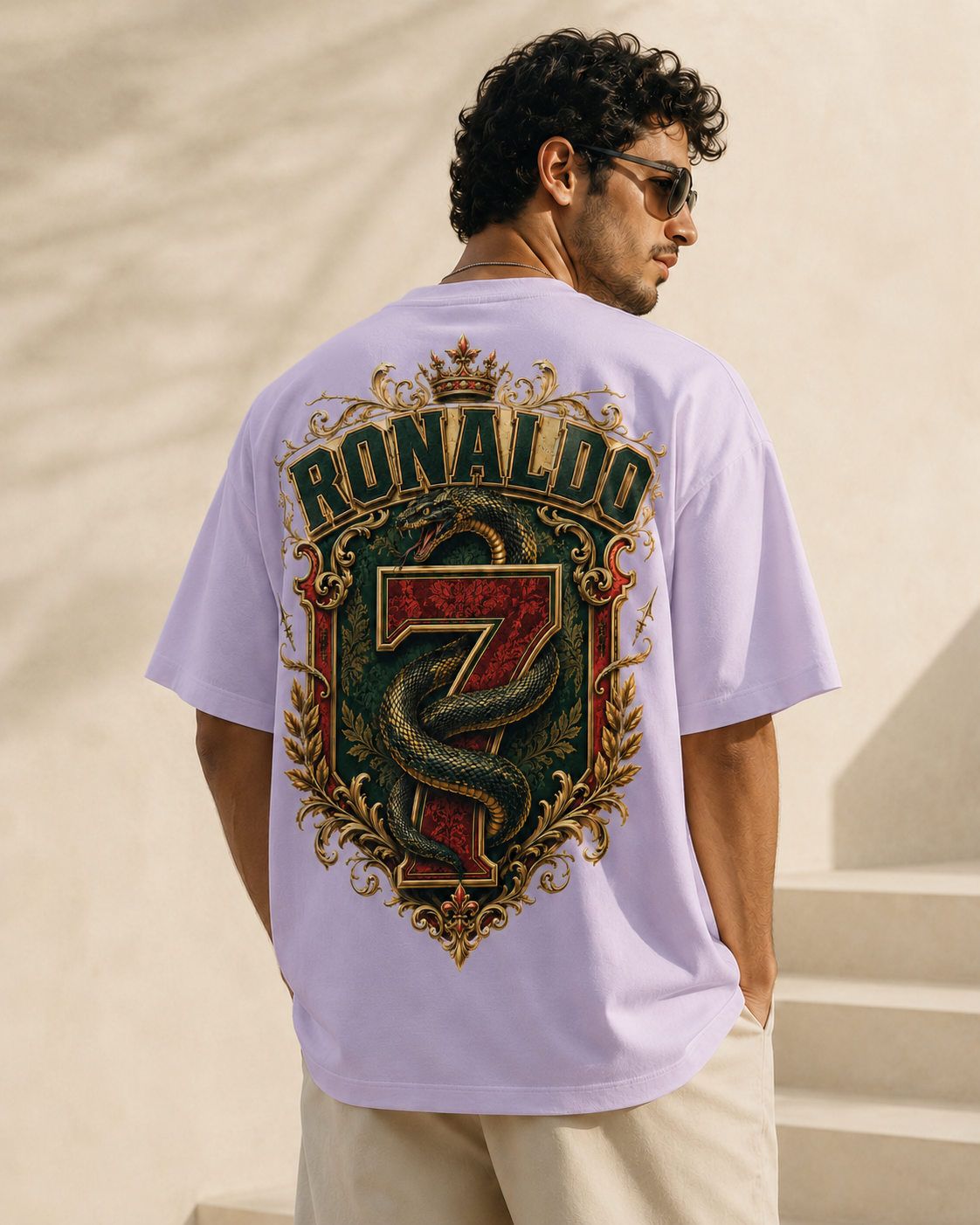 Royal Serpent 7 lilac oversized Portuguese football T-shirt with ornate serpent and baroque back artwork