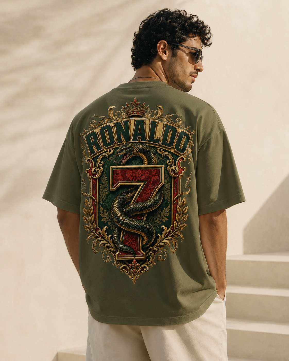 Royal Serpent 7 olive oversized Portugal-inspired football T-shirt with green red and gold serpent back print