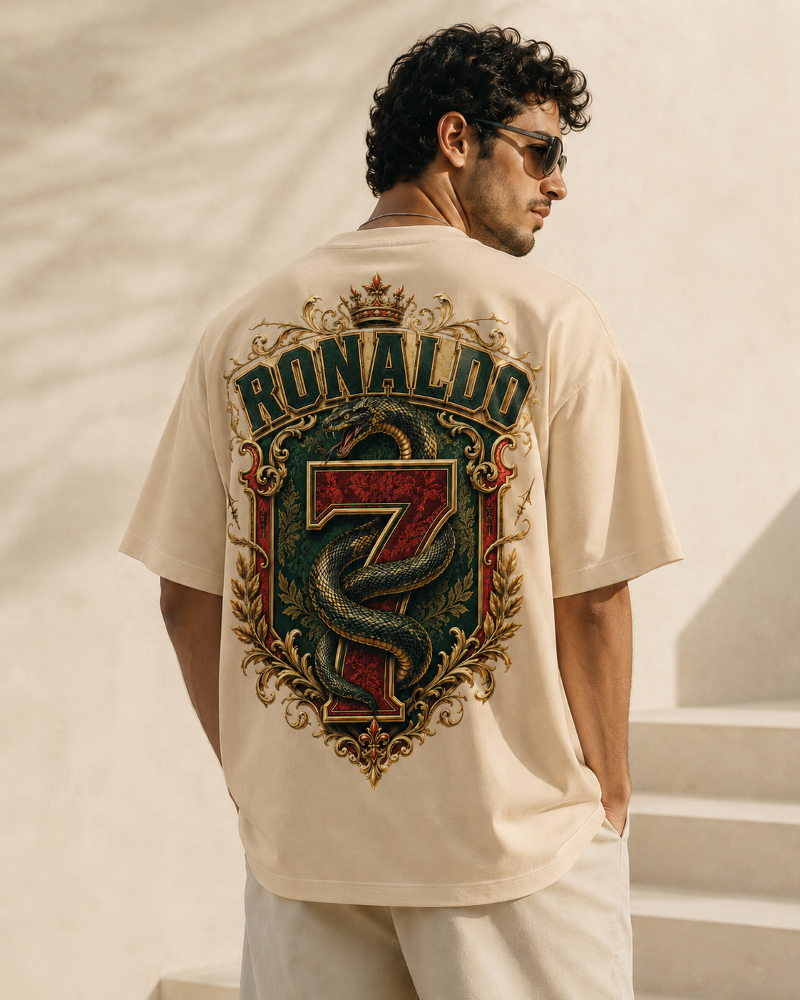 Royal Serpent 7 sand oversized Portugal-inspired football T-shirt with premium green red and gold back print