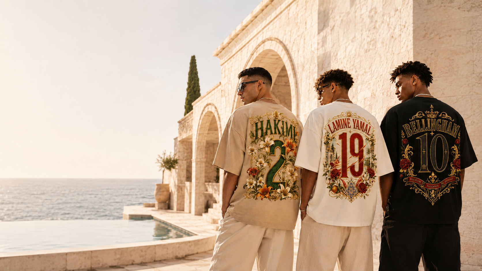 Models wearing MIRAZUR oversized football T-shirts in a premium editorial campaign